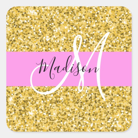 Glam Roze en Gold Glitter Sparkles Monogram Vierkante Sticker (Voorkant)