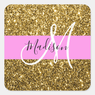 Glam Roze en Gold Glitter Sparkles Monogram Vierkante Sticker