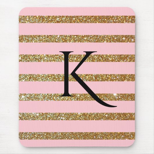 Glam Roze en Gold Striped Monogramed Muismat (Voorkant)