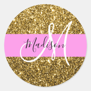 Glam roze en gouden glitter glinstering monogram n ronde sticker