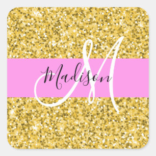 Glam roze en gouden glitters Glans Monogram naam Vierkante Sticker