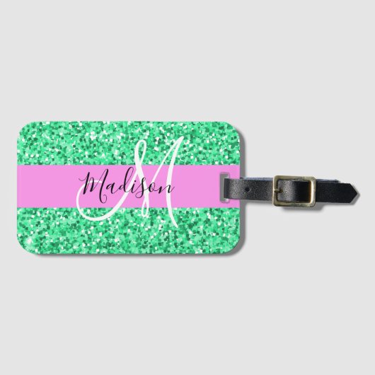 Glam Roze en Groene Glitter Sparkles Monogram Bagagelabel (Voorkant (horizontaal))