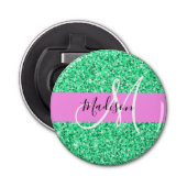 Glam Roze en Groene Glitter Sparkles Monogram Button Flesopener (Voorkant)
