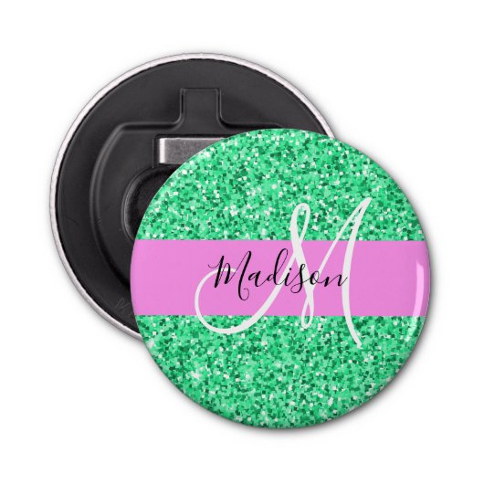 Glam Roze en Groene Glitter Sparkles Monogram Button Flesopener (Voorkant)