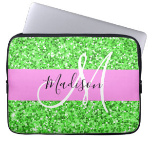 Glam Roze en Groene Glitter Sparkles Monogram Laptop Sleeve