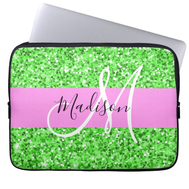 Glam Roze en Groene Glitter Sparkles Monogram Laptop Sleeve (Voorkant)