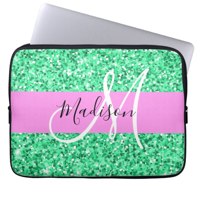 Glam Roze en Groene Glitter Sparkles Monogram Laptop Sleeve (Voorkant)