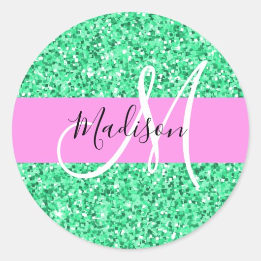 Glam Roze en Groene Glitter Sparkles Monogram Ronde Sticker (Voorkant)