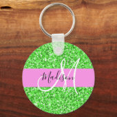 Glam Roze en Groene Glitter Sparkles Monogram Sleutelhanger (Voorkant)