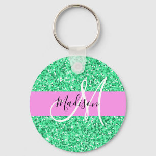 Glam Roze en Groene Glitter Sparkles Monogram Sleutelhanger