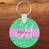 Glam Roze en Groene Glitter Sparkles Monogram Sleutelhanger (Voorkant)