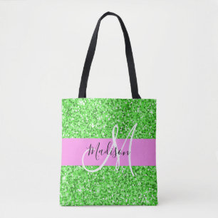 Glam Roze en Groene Glitter Sparkles Monogram Tote Bag