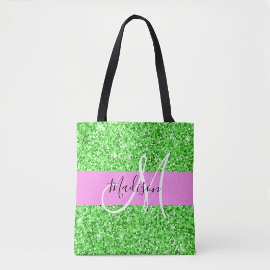Glam Roze en Groene Glitter Sparkles Monogram Tote Bag (Voorkant)