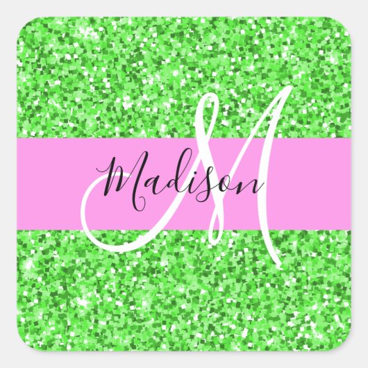 Glam Roze en Groene Glitter Sparkles Monogram Vierkante Sticker (Voorkant)