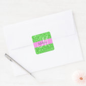 Glam Roze en Groene Glitter Sparkles Monogram Vierkante Sticker (Envelop)
