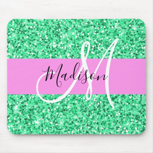 Glam roze en groene glittersparkelende monogramnaa muismat (Voorkant)