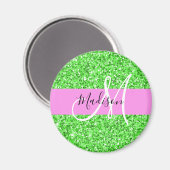 Glam roze en groene glittersparkeling monogram naa magneet (Voorkant / Achterkant)