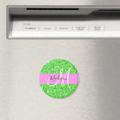 Glam roze en groene glittersparkeling monogram naa magneet (Insitu (Vaatwasser))