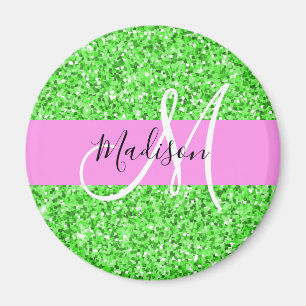 Glam roze en groene glittersparkeling monogram naa magneet