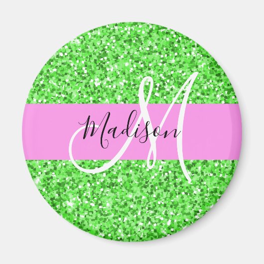 Glam roze en groene glittersparkeling monogram naa magneet (Voorkant)