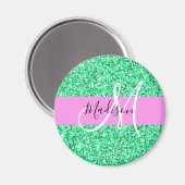 Glam roze en groene glittersparkeling monogramnaam magneet (Voorkant / Achterkant)