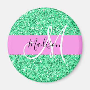 Glam roze en groene glittersparkeling monogramnaam magneet