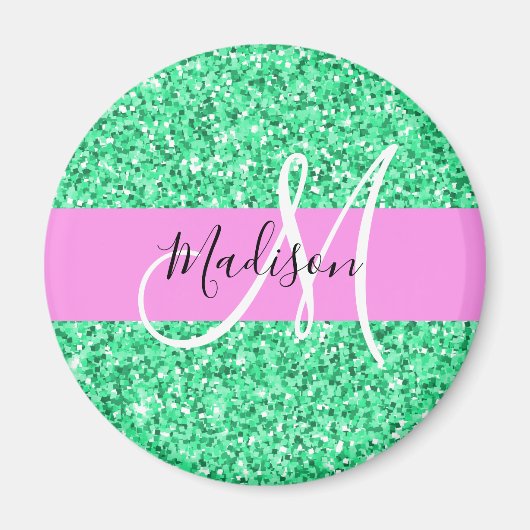 Glam roze en groene glittersparkeling monogramnaam magneet (Voorkant)