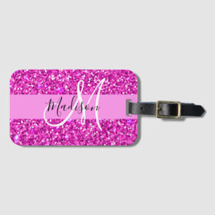 Glam Roze en Magenta Glitter Sparkle Monogram Naam Bagagelabel