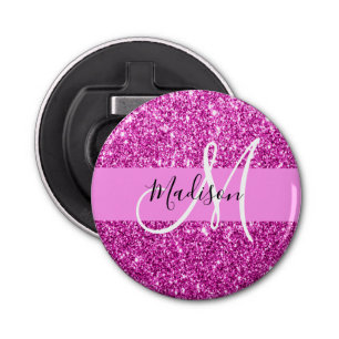 Glam Roze en Magenta Glitter Sparkle Monogram Naam Button Flesopener