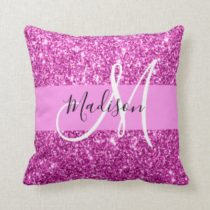 Glam Roze en Magenta Glitter Sparkle Monogram Naam Kussen