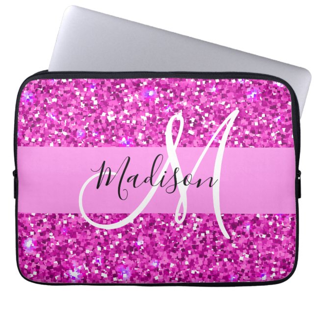 Glam Roze en Magenta Glitter Sparkle Monogram Naam Laptop Sleeve (Voorkant)