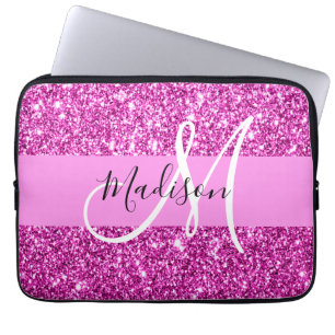Glam Roze en Magenta Glitter Sparkle Monogram Naam Laptop Sleeve
