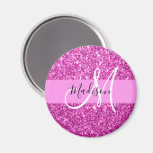 Glam Roze en Magenta Glitter Sparkle Monogram Naam Magneet (Voorkant / Achterkant)