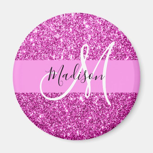 Glam Roze en Magenta Glitter Sparkle Monogram Naam Magneet (Voorkant)