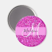 Glam Roze en Magenta Glitter Sparkle Monogram Naam Magneet (Voorkant / Achterkant)