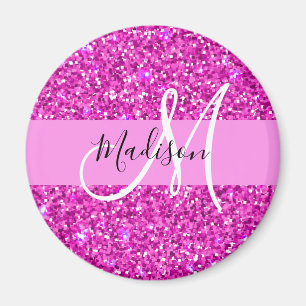 Glam Roze en Magenta Glitter Sparkle Monogram Naam Magneet