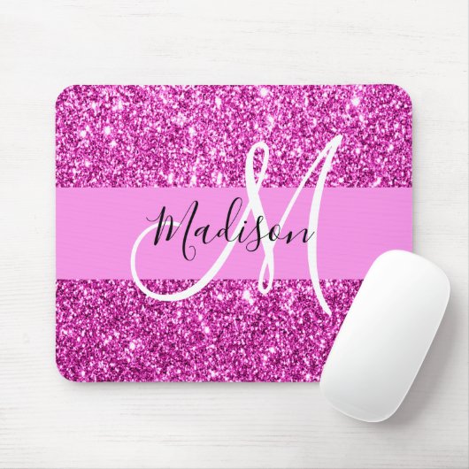 Glam Roze en Magenta Glitter Sparkle Monogram Naam Muismat (Met muis)