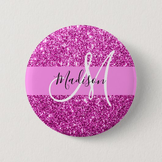 Glam Roze en Magenta Glitter Sparkle Monogram Naam Ronde Button 5,7 Cm (Voorkant)