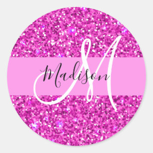 Glam Roze en Magenta Glitter Sparkle Monogram Naam Ronde Sticker