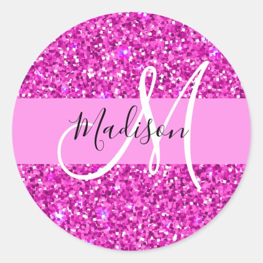Glam Roze en Magenta Glitter Sparkle Monogram Naam Ronde Sticker (Voorkant)