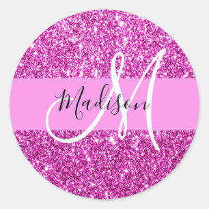 Glam Roze en Magenta Glitter Sparkle Monogram Naam Ronde Sticker