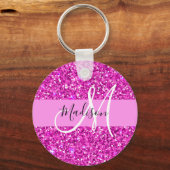 Glam Roze en Magenta Glitter Sparkle Monogram Naam Sleutelhanger (Voorkant)