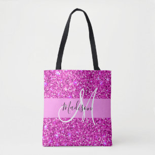 Glam Roze en Magenta Glitter Sparkle Monogram Naam Tote Bag