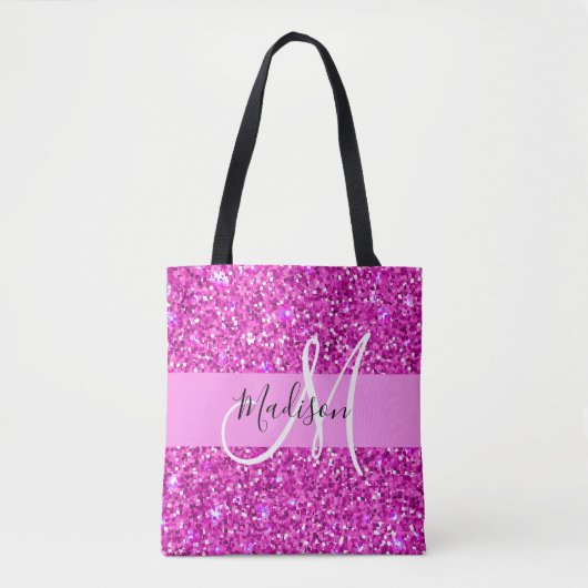 Glam Roze en Magenta Glitter Sparkle Monogram Naam Tote Bag (Voorkant)