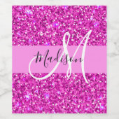 Glam Roze en Magenta Glitter Sparkle Monogram Naam Wijn Etiket (Enkel label)