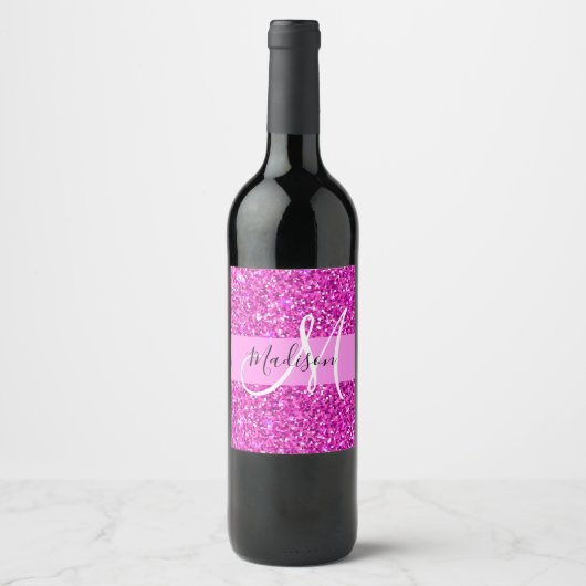 Glam Roze en Magenta Glitter Sparkle Monogram Naam Wijn Etiket (Voorkant)