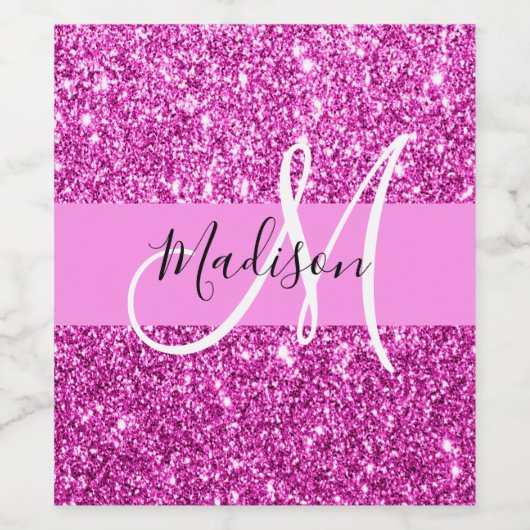 Glam Roze en Magenta Glitter Sparkle Monogram Naam Wijn Etiket (Enkel label)