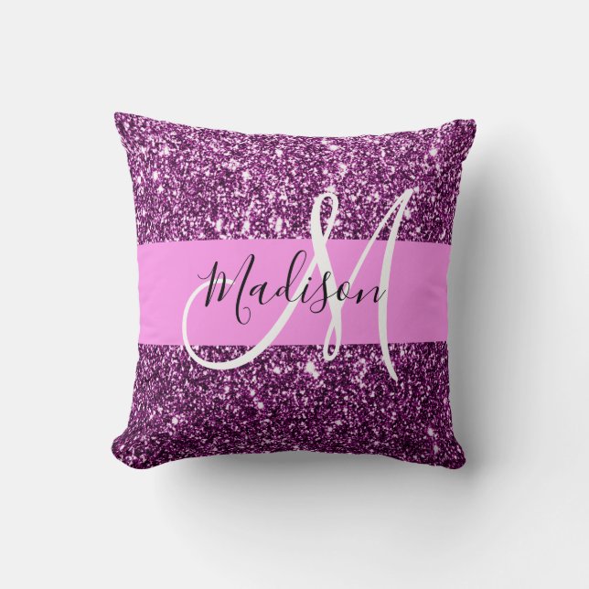 Glam Roze en Paarse Glitter Sparkles Monogram Kussen (Voorkant)