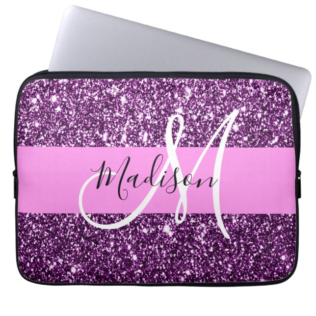 Glam Roze en Paarse Glitter Sparkles Monogram Laptop Sleeve (Voorkant)
