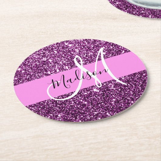 Glam Roze en Paarse Glitter Sparkles Monogram Ronde Kartonnen Onderzetter (Gebogen)